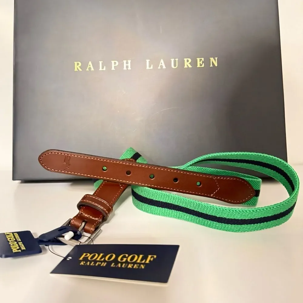 Polo Golf Ralph Lauren Men’s Elastic Belt Green & Navy–Leather Trim,Size 40, NWT